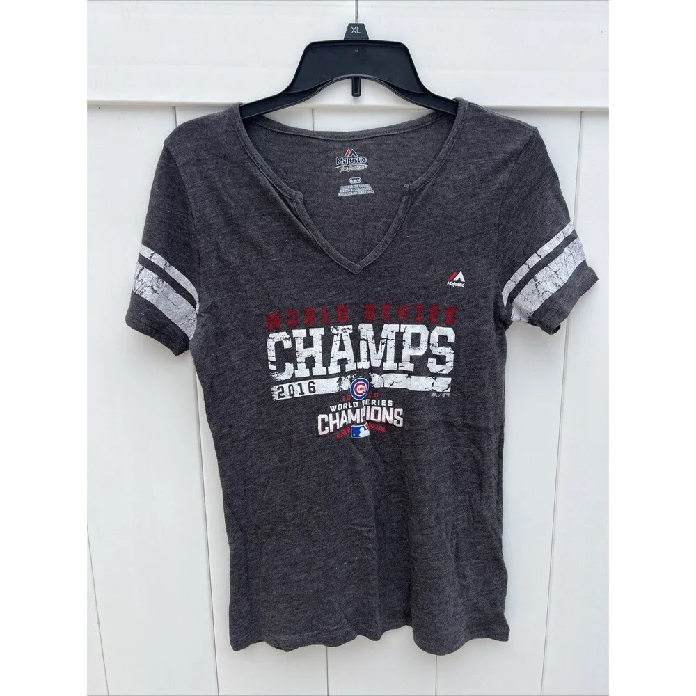 World Series Champs 2016 Chicago Cubs Womens T Shirt Short Sleeve Gray Sz M